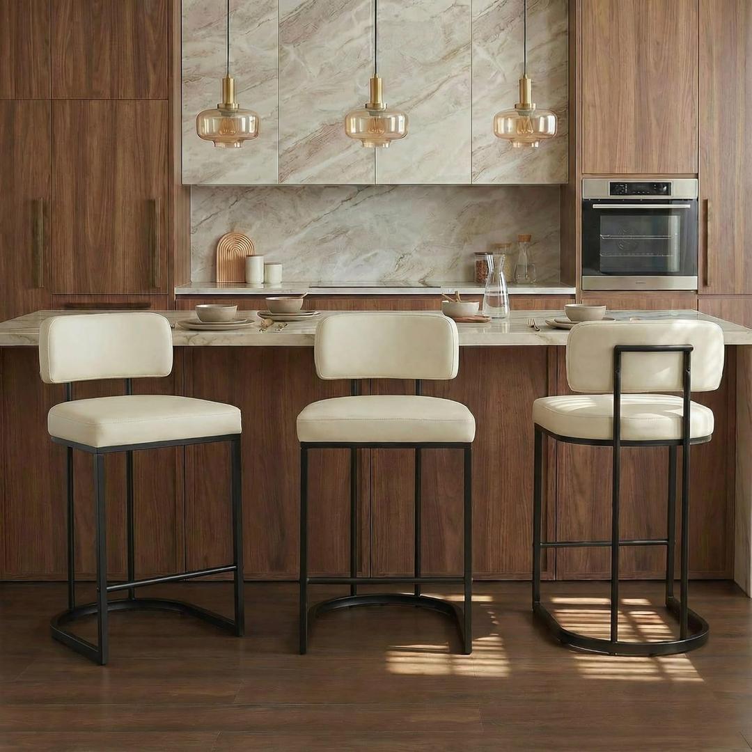 26" H Counter Height Bar Stools Set of 3, Modern Faux Leather Upholstered Barstools with Backrest for Kitchen Island, Black Metal Frames, Cream