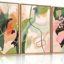 Colorful Abstract Framed Canvas Wall Art Set,Modern Multicolor Pastel Minimalist Line Wall Decor,Boho Green and Pink Painting for Living Room,Bedroom-16 x24 x3