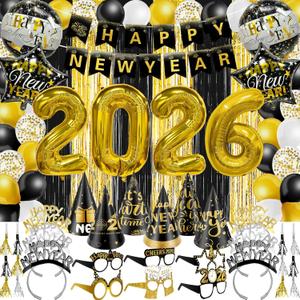 81 Pcs New Years Eve Party Supplies Happy New Year Decorations Kit Serves 12 Includes 36" Large 2026 Foil Ballons, Black Gold Curtains Banner Hats Headbands Glasses Noisemaker Balloons Party Favor