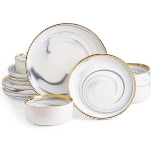 Pokini Marble Gold Rim Dinnerware Sets, Porcelain Plates and Bowls Sets, Modern Luxury Dish Set for 4, White Grey China Dinner Set for Special Occasions, Hand Wash Quickly