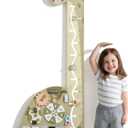 Wooden Dinosaur Growth Chart, Montessori Long-Neck Brachiosaurus Height Ruler with 7-in-1 Busy Board, Clock, Buckle Alphabet Slider Slide Door Lock Pop Fidget & Zipper, Educational Board for Kids 3-6