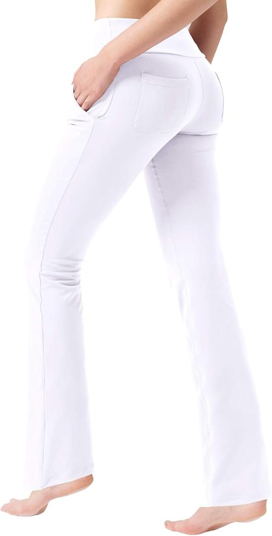 High Waist Bootcut Yoga Pants 4 Pockets Tummy Control Dress Pants for Woman Back Pockets Workout Bootleg (Large, White)