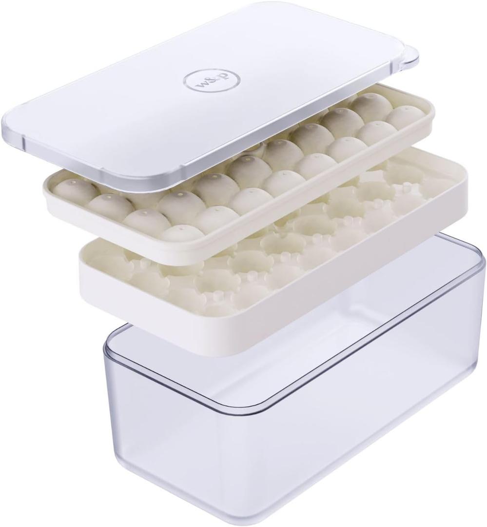 W&P Ice Ball Box Silicone Circular Ice Tray with Lid & Bin, Holds 96 Spheres, Easy Release, Space-Saving Stackable Design, Dishwasher Safe, Cream