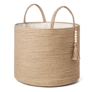 Mkono Woven Storage Basket Decorative Natural Rope Basket Wooden Bead Decoration for Blankets,Toys,Clothes,Shoes,Plant Organizer Bin with Handles Living Room Home Decor, Jute, 16" W × 13.8"L
