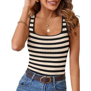 MEROKEETY Women's Sleeveless Ribbed Knit Tank Tops All-Season Striped Square Neck Camisoles Shirts 2026 Casual Basic Tanks, Beige, Medium