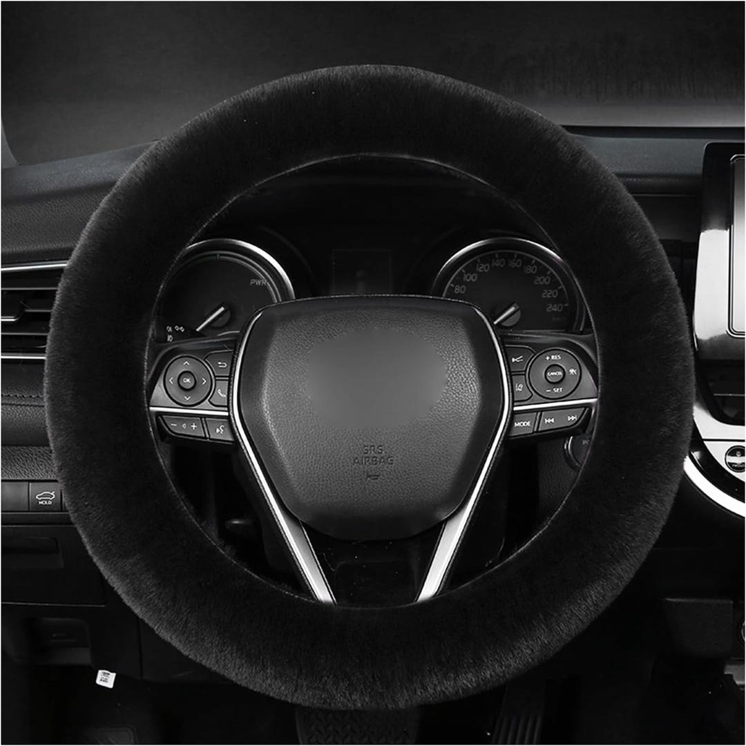 Kewucn Fuzzy Car Steering Wheel Cover, Fluffy Soft Fur Wheel Protector for Warm Winter, 15'' Anti-Slip Steering Wheel Covers, Universal Vehicle Interior Accessories for Men Women (Black)