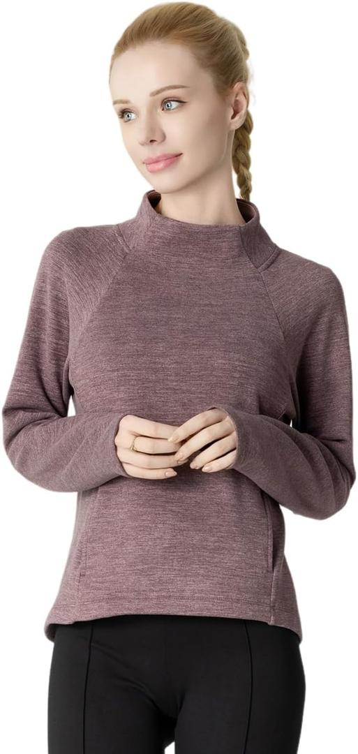 Women's Fleeced Sweatshirt - Stand-Up Turtleneck, Side Pockets, Warm Fleece for Winter Daily Wear (Purple, S)