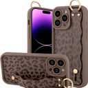 OOK Compatible with iPhone 14 Pro Max Case with Wrist Stand for Women Girls, Brown Leopard Cheetah TPU Shockproof Protection Silm Silicone Kickstand Upgraded Cover, for 6.7inch