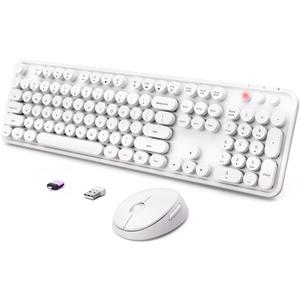 Wireless Keyboard and Mouse Combo, Ergonomic Full Size Typewriter Retro Round Keycaps Keyboard, Compatible with Windows, PC, Perfer for Home and Office KeyboardsWhite (Pure white)