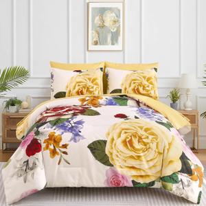 Drucon Yellow Floral Comforter Queen Size 7 Pieces Bedding Sets Bed in a Bag, Botanical Floral Comforter with Sheet Set, Soft Microfiber Bedding Set for All Season(Yellow, 90"x90")