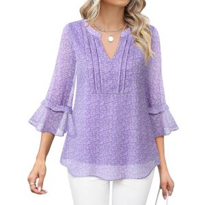 Furnex Womens 3/4 Sleeve Tops Dressy Casual Elegant Blouses V Neck Shirts Floral Double Layered Chiffon Tunic (XL)