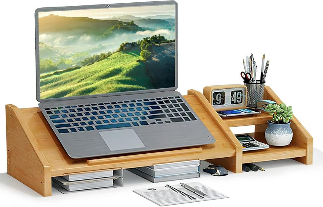 Ufine Bamboo Laptop Stand for Desk 3 Heights Adjustable Notebook Stand Computer Monitor Riser with 2 Tier Storage Shelf, Desktop Organizer Printer Stand for Home Office