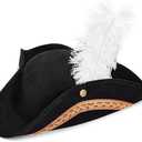 Juvale Adult Tricorn Pirate Hat with Feather for Halloween Outfit - Black Pirate Hat for Colonial Revolutionary History Theme Birthday & Halloween Party Costume 15 x13 x 3.5 In