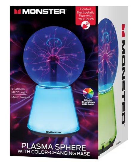 Monster 5" Plasma Sphere, Touch-Controlled, LED Color-Changing Base, 8.75", for Desk & Bedroom