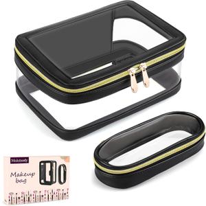 Molutsody Clear Makeup Bag with Makeup Brush Bag, Clear Cosmetic Bags Travel Toiletry Bag, Portable Waterproof Cosmetic Organizer Storage Bag for Women (Black)