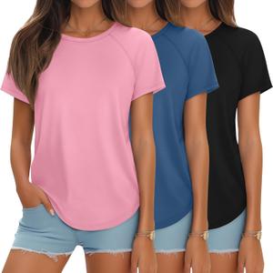 Ficerd 3 Pcs Women Short Sleeve Shirts Curved Hem Top Round Neck Tunics Side Split Summer for Women (Small, Black, Denim Blue, Pink)