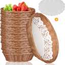12 Pcs Oval Small Plastic Bread Basket, Wicker Basket for Serving 2.36x9x6.4 Inch Woven Food Storage Basket, Fruit Basket, Gift Basket (Comes with Food Blotting Sheets) Brown