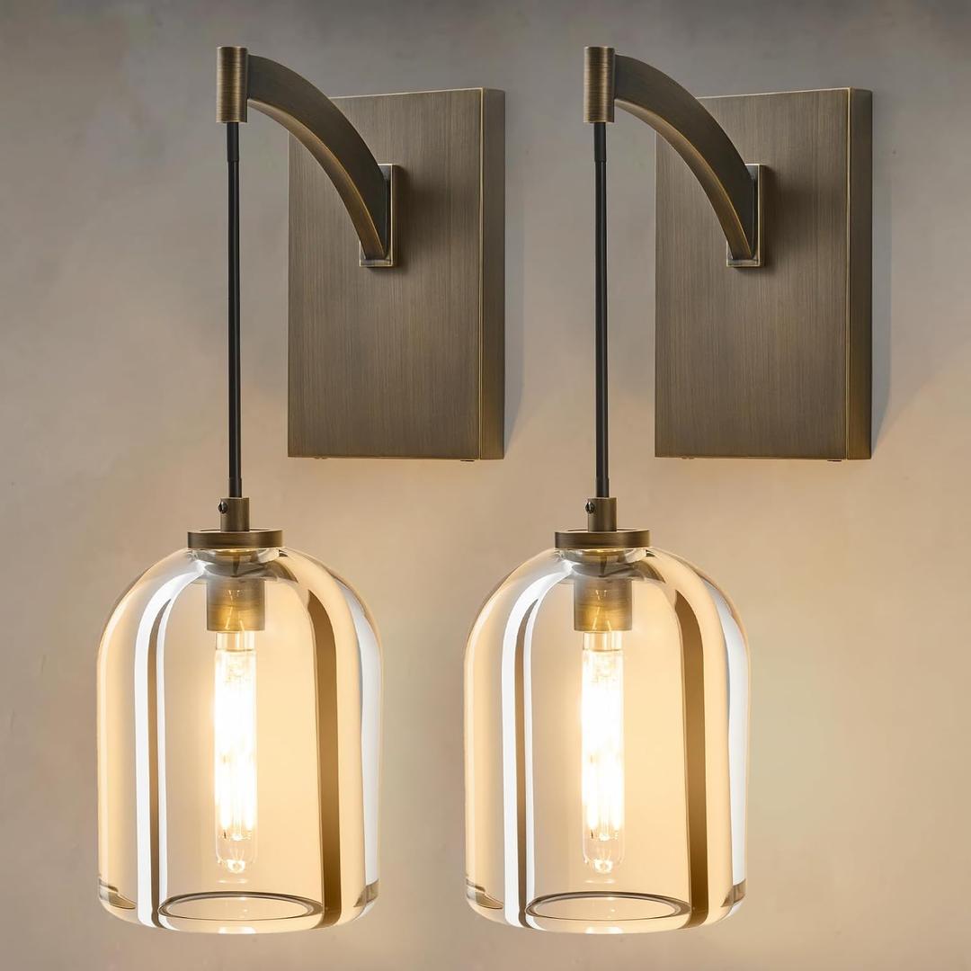 Crystal Brass Hemisphere Wall Sconce - Luxury Antique Brushed Lighting Fixture with K9 Crystals Cloche - Set of 2 Dimmable Indoor Hanging Light - Modern Gold Sconces for Bathroom Living Room Stair