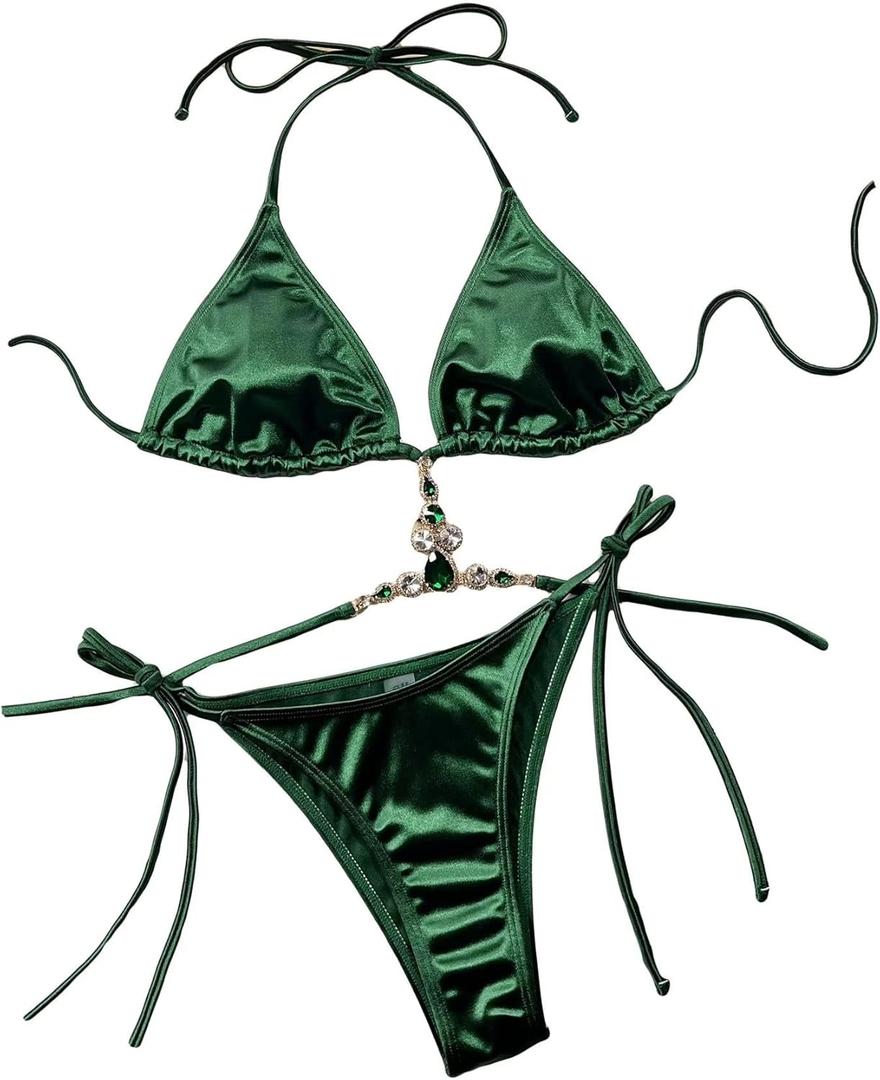 Women's Satin 2 Piece Rhinestone Bathing Suit High Waisted Swimsuit Bikini Set (Large, Green)