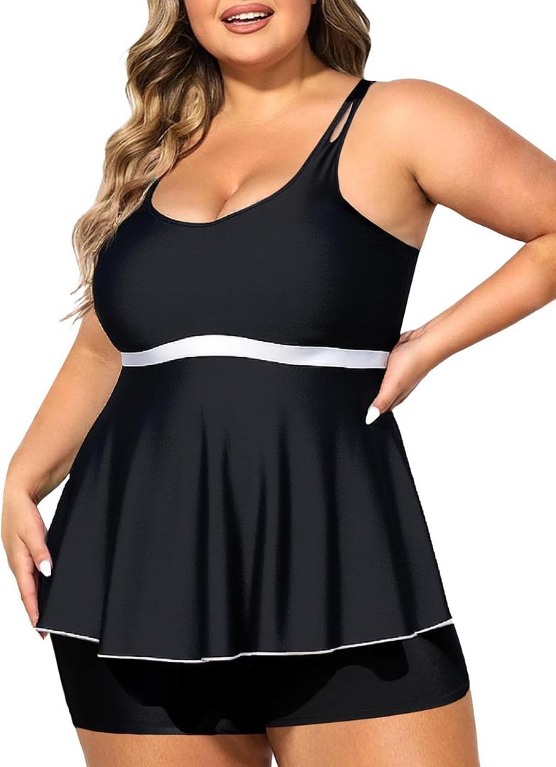 Summer Mae Women's Plus Size Tankini Cutout Two Piece SwimsuitColor Block Flowy Tummy Control 2025 Bathing Suits with Shorts Black, Size: 24 Plus Summer Mae Women's Plus Size Tankini Cutout Two Piece SwimsuitColor Block Flowy Tummy Control 2025 Bathing Suits with Shorts Black, Size: 24 Plus