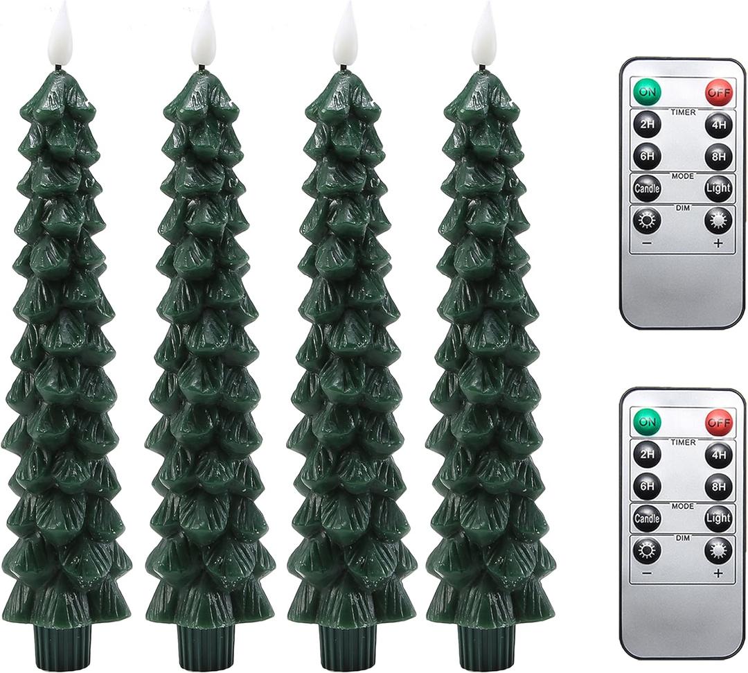 Fo32won Christmas Tree Shaped Flameless Candlesticks Battery Operated with Remote and Timer, Set of 4 Real Wax LED Taper Candles with 3D Flickering Wick for Christmas Decoration Gift