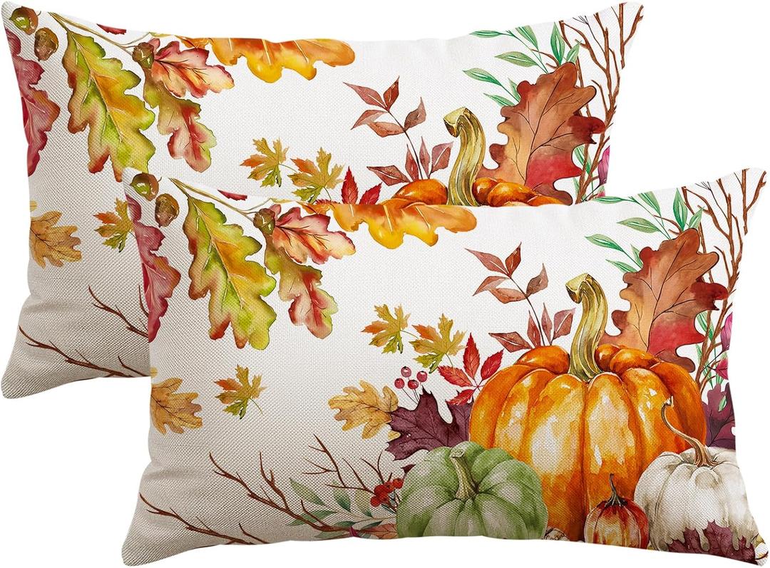 Artscope Fall Decorative Throw Pillow Covers 12x20 Inch Set of 2, Watercolor Pumpkin Fallen Leaves Outdoor Farmhouse Pillow Cases for Home Sofa Couch-Orange