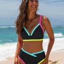 popvil 2 Piece Swimsuit for Women Neon High Waisted Bikini Sets | Adjustable straps V Neck Bathing Suits;high cut swimwear; great for summer, beach&pool (Black, XL)