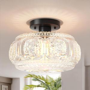 Semi Flush Mount Ceiling Light, Upgraded Larger Black Glass Ceiling Light Fixture, Vintage Lighting for Hallway Kitchen Bedroom Dining Room, Bulb Not Included