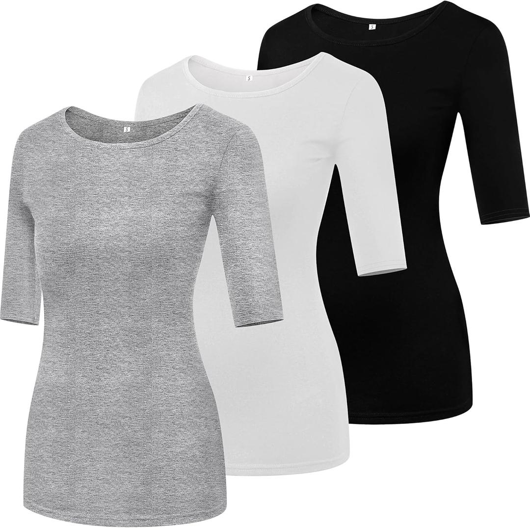 Huukeay 3 Pack Women's Half Sleeve Tops 1/2 Sleeve T-Shirt Womens Basic Round Neck Slim Fit Tight Casual Elbow Summer Tees (Black, White, Gray, Small)