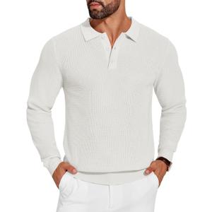 COOFANDY Mens Knit Polo Shirts Long Sleeve Casual Polo Sweaters Shirt Waffle Textured Collared Sweater (White, XXXL)