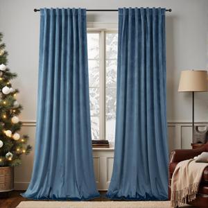 Dusty Blue Velvet Curtains 84 Inch Length 2 Panel Set for Living Room Modern Luxury Textured Thermal Darkening Long Drape Blocking Light Stone Blue Curtain for Bedroom Country Farmhouse Decor Back Tab