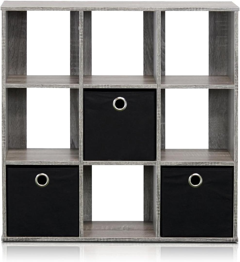 Furinno Simplistic 9-Cube Organizer with Bins, Small Size (Assembled unit dimensions : 7.9"D x 26.5"W x 26.7"H inches), French Oak/Black (9-Cube with Bin, Grey/Black)