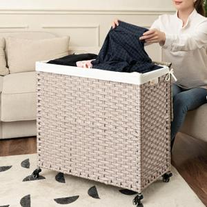 PE Rattan Wicker Laundry Hamper with Lid & Wheels, 160L Rolling Laundry Basket with 2 Removable Bags, Portable Woven Clothes Hampers for Laundry/Bathroom/Bedroom (Light Gray)