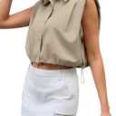 Tankaneo Womens Sleeveless Button Down Shirts Casual Summer Crop Tank Top | 100% Cotton, Loose, V Neck Pad Shoulder Top Medium, Khaki