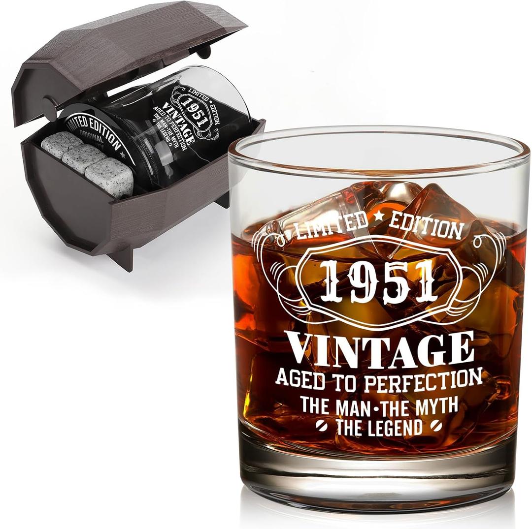 75th Birthday Gifts for Men, Vintage 1951 Whiskey Glass Set in Barrel Box, 75 Year Old Gift Ideas for Him Husband Dad, Rock Glass for 75th Birthday Decorations & Wedding Anniversary