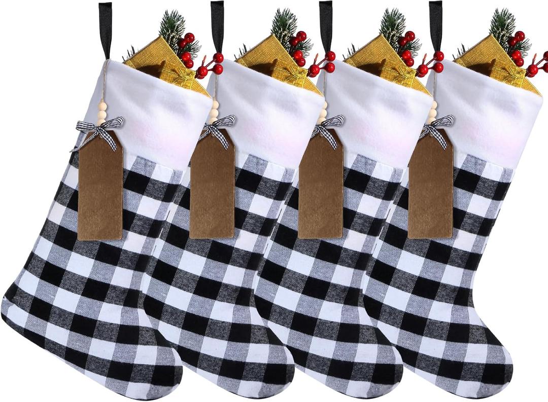 Aoriher 4 Sets Christmas Buffalo Plaid Stockings with DIY Wood Name Tags, 18 Inch Large Xmas Stockings Hanging Decorations with Tags for Christmas Fireplace Decor(Plaid,Black White A)