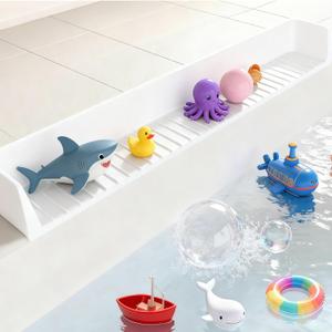 Longer Bath Tub Splash Guard for Kids, Silicone Bath Toy Holder for Bathtub, Prevent Water Spills in Bathroom, Fun-Filled Bath Time for Toddlers Including Bath Brush and Toy Storage Bag (White)