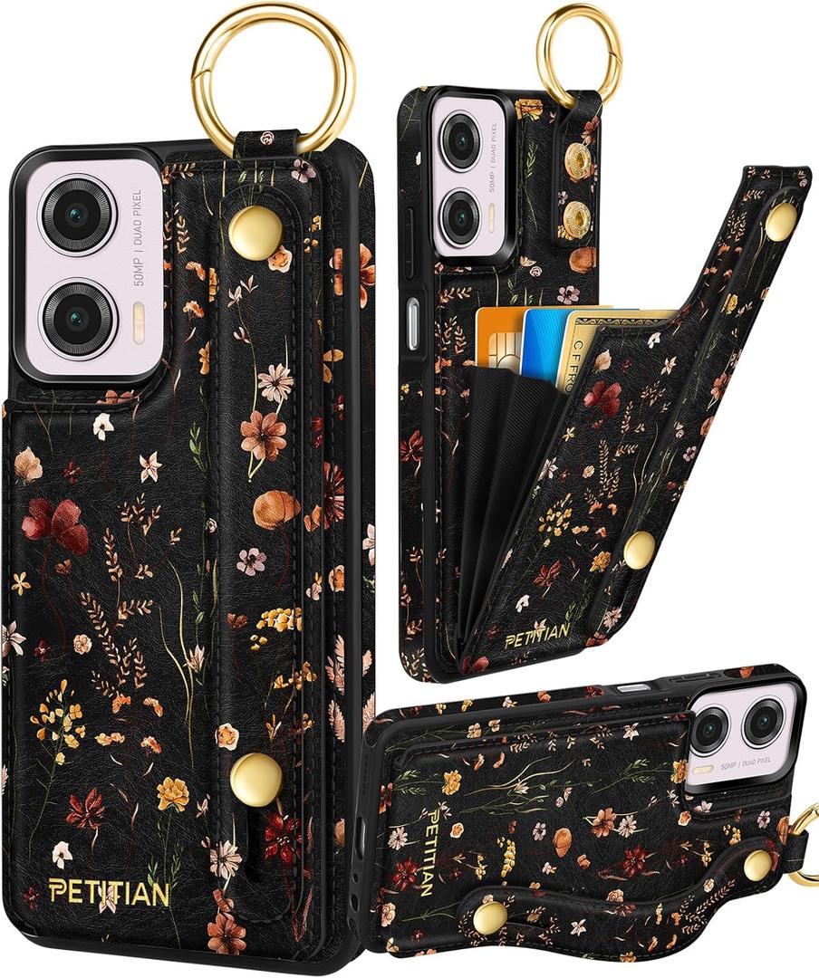 Petitian for Moto G Power 5G 2024 Case with Wallet - Women Girls Cute Girly Aesthetic Unique Design Leather Credit Card Holder Cardholder Stand Wristband for Motorola G Power 5G 2024, Grow Flower