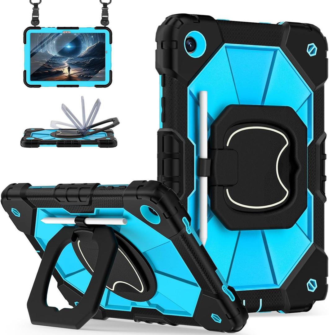 Galaxy Tab A11+ Plus / A9+ Case 11 Inch, Rugged Case for Samsung Galaxy A9 Plus/A11+ Tablet with Screen Protector 360 Rotating Stand Shoulder Strap Pen Holder 2025/2023 Model, Black Blue