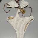 OYOANGLE Women's Ring Linked Cut Out One Piece Swimsuits Textured Tie Backless Halter Bathing Suit Monokini, Size M Beige