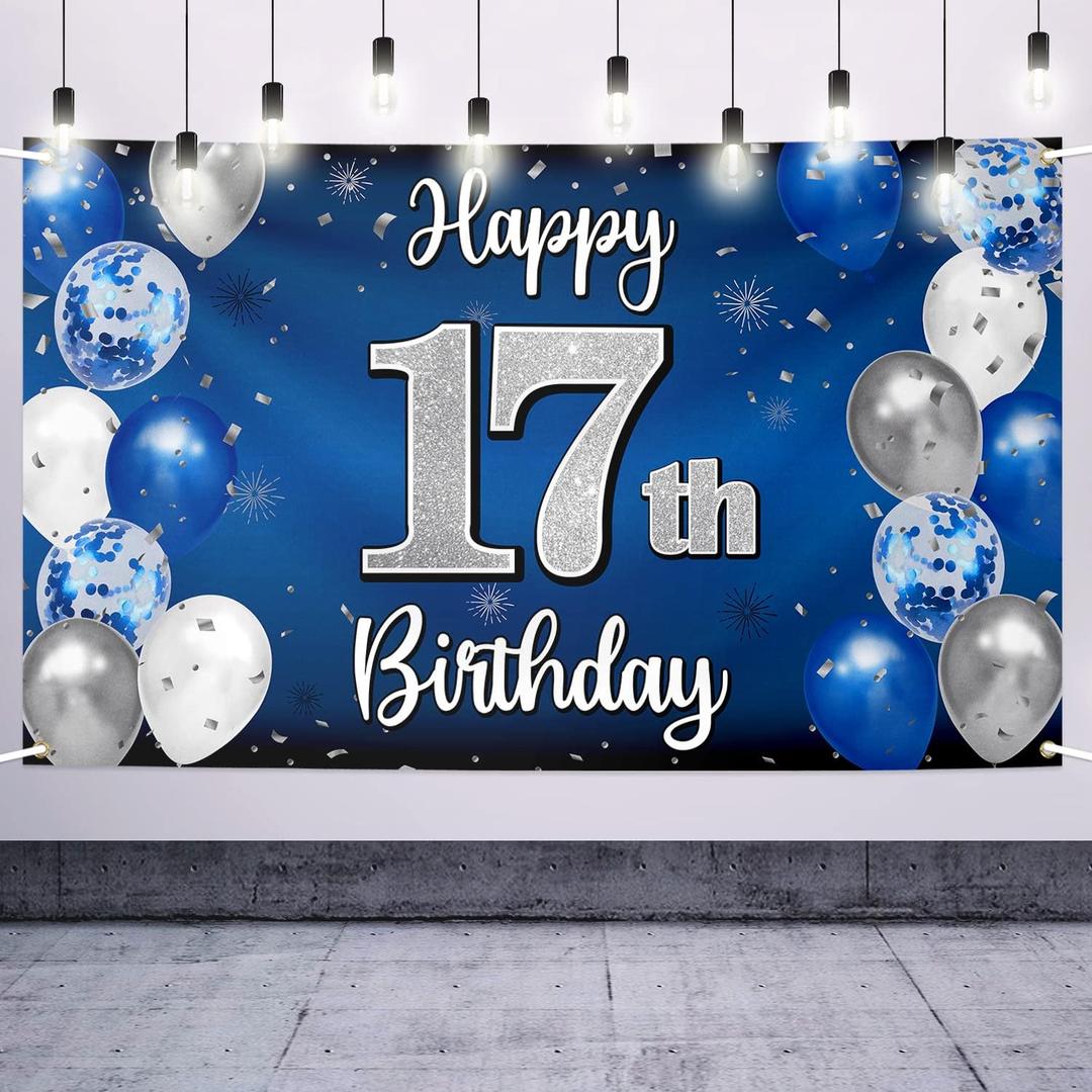 Happy 17th Birthday Decorations,17th Blue & Silver Balloon Large Birthday Banner Backdrop Sign,Cheers to Seventeen Years Old Bday Party Supplies