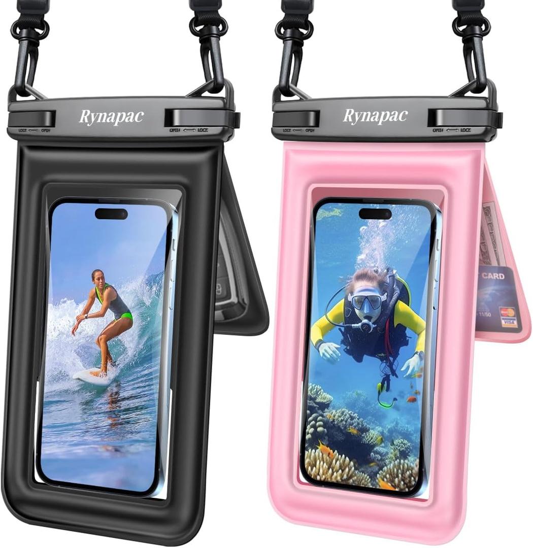 [Up to 8.5''] Waterproof Phone Pouch Floating 2 Pack, IPX8 Double Space Waterproof Phone Case with Lanyard for iPhone 17 16 15 Pro Max, Galaxy S26 Ultra, Cellphone Dry Bag Beach Cruise Ship Essentials (Black & Pink)
