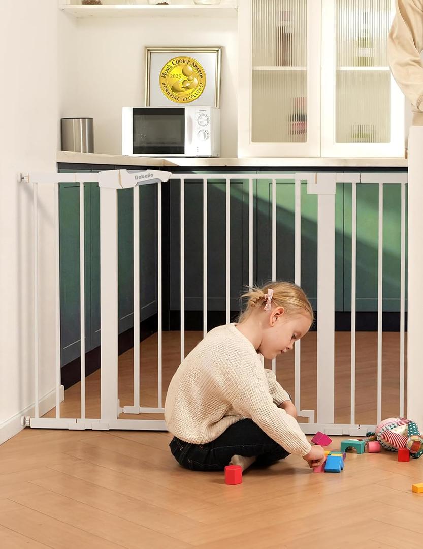 Babelio Metal Baby Gate, 29-48" Auto Close Easy Install Pet Gate, Extra Wide Walk Thru Child Safety Gate, Pressure Mounted Dog Gate for Doorways & Stairs, with Y Spindle Rods, White