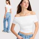 Women's Off Shoulder Short Sleeve T-Shirt Double Lined Front Casual Slim Fit Tops Y2K Going Out Crop Tops (White, S)