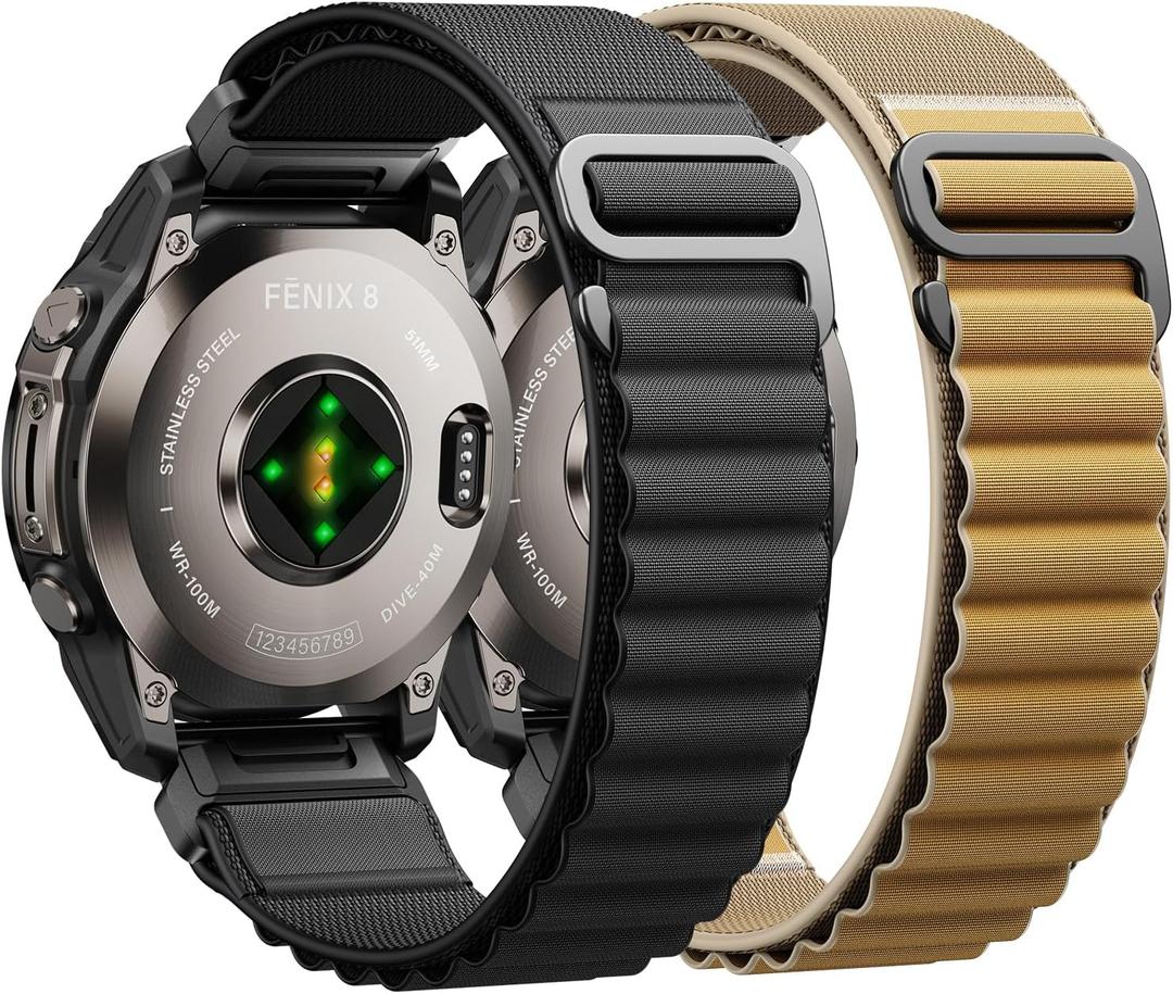 Alpine Loop Nylon Watch Band Compatible with Garmin Fenix 5X / 6X / 7X / 8 51mm, Quickfit 26mm Rugged Watch Bands for Garmin Fenix 8 Pro 51mm / 7X Pro / 6X Pro / 5X Plus, for Fenix 3, Tactix Delta (Black+Khaki)