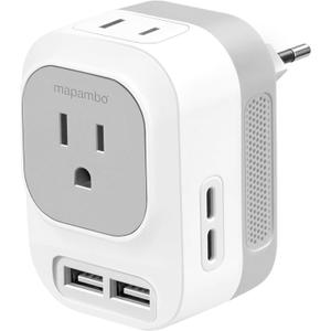 Voltage Converter US to Europe with 2 USB A & 2 USB C Ports Fast Charging, 220V to 110V Converter for European Travel Power Converter Adapter Combo for Germany France Italy Spain (White)