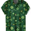 Mens 2026 ST Patricks Day Shirts Clover ST Pattys Day Funny Hat Dwarf Green Printed Short Sleeve Button Down Shirt (Green, L)