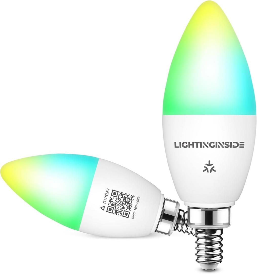 Lightinginside Matter Candelabra Smart Light Bulbs 50W Equivalent 5W 550LM, 88+CRI, RGBCW Ceiling Fan G16.5 E12 Bulb, ETL Listed, 2PCS
