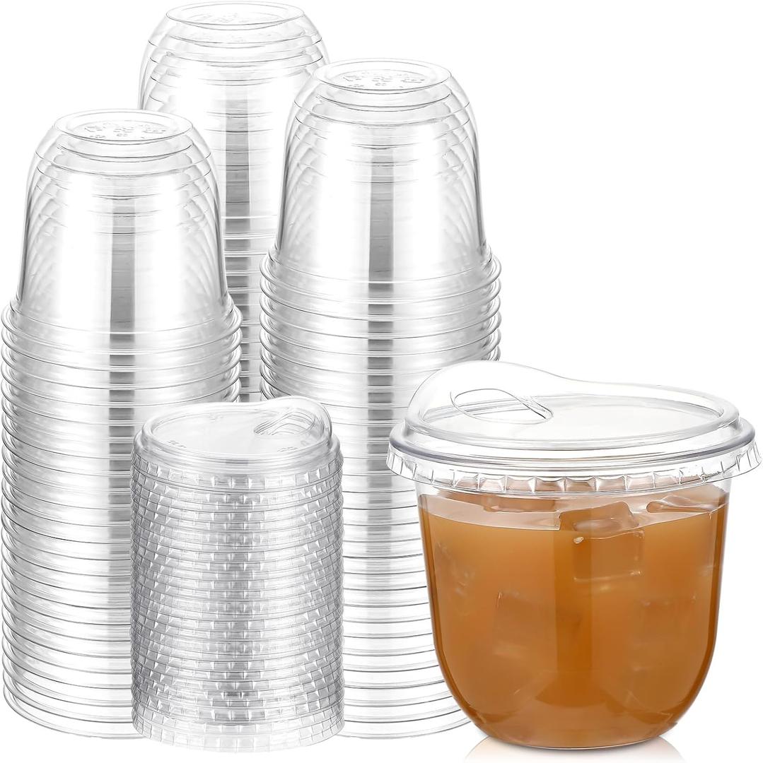 Baderke Clear Plastic Cups with Strawless Sip Lids Disposable Round Bottom Togo Cups for Coffee Smoothie Cold Beverage Coffee Shops and Party Catering(10 oz,100 Pcs)