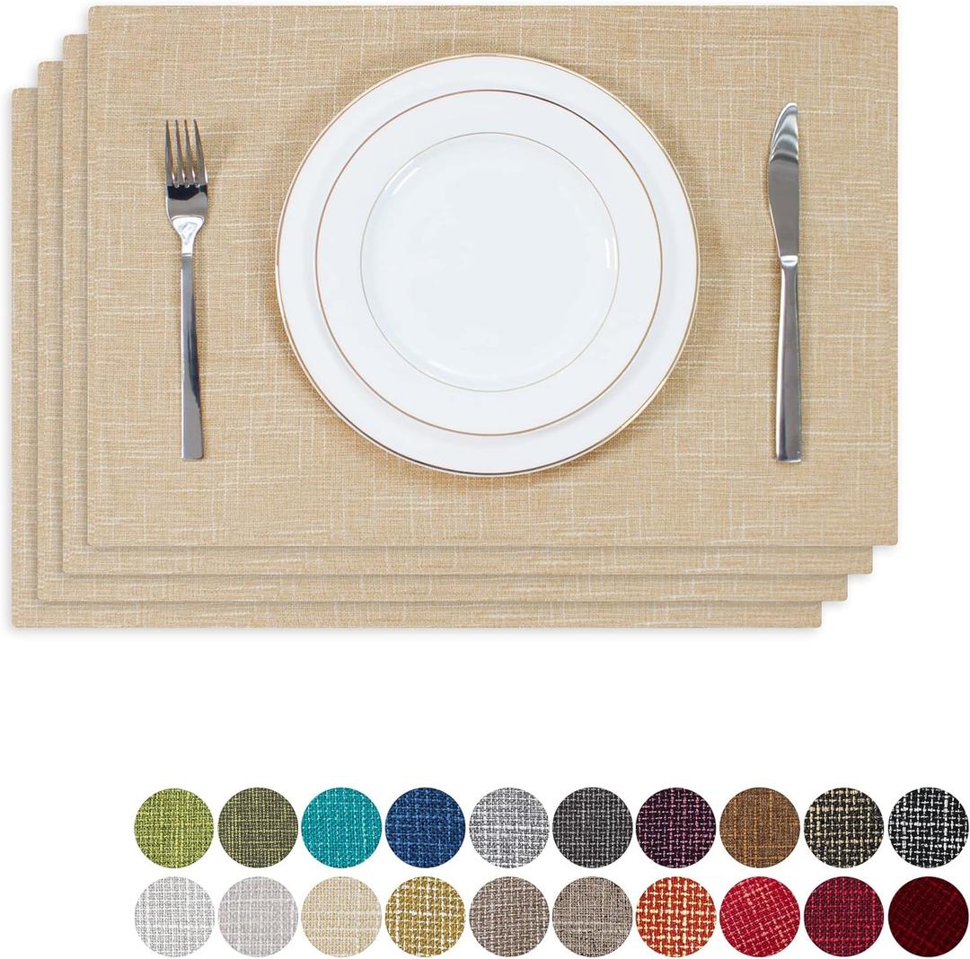 Kevin Textile Burlap Linen Placemats Set of 4 Heat Resistant Dining Table Place Mats Washable Kitchen Table Mats, 13 x19 inches, Cream Beige